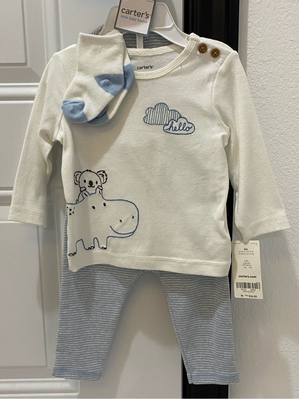 🆕Carter’s Baby Boy 4 Piece Blue & White Shirt/Pants/Socks/Cap Outfit - 6 Mos